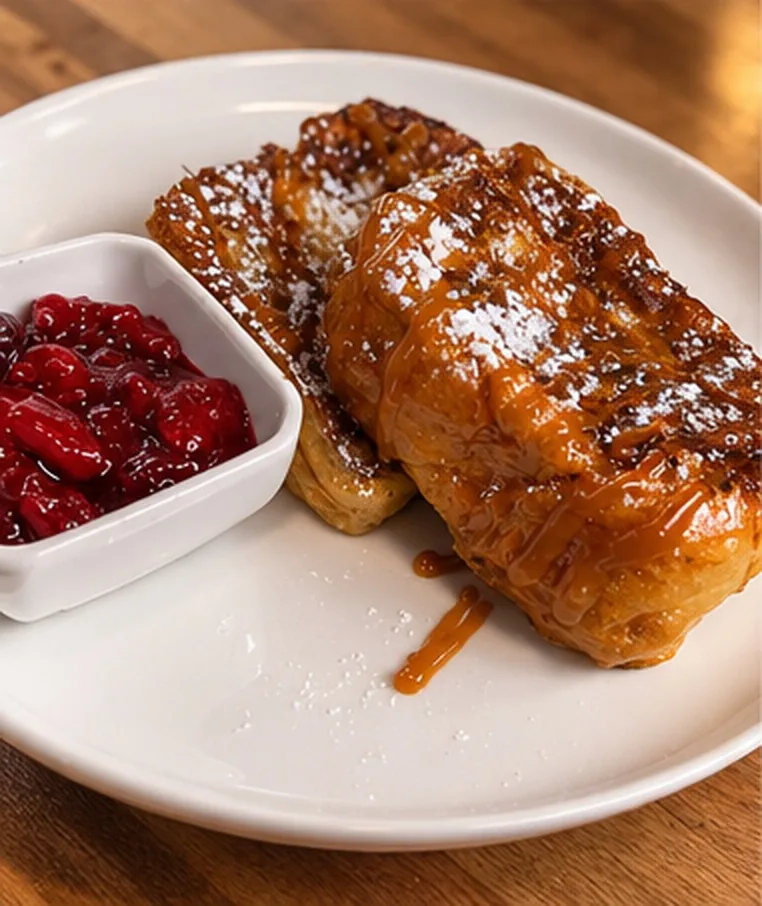 Signature Amaretto brioche French toast with sweet amaretto glaze, powdered sugar, and berry compote at Estime's Cafe in Colonia NJ