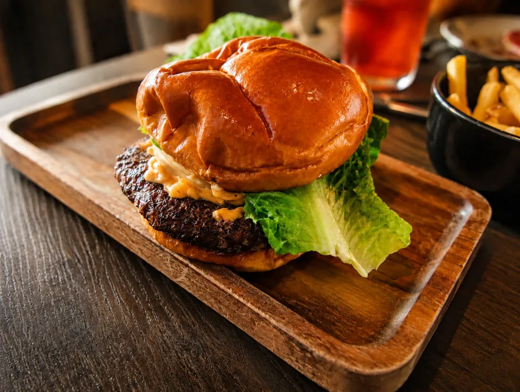 Fresh lunch specials handcrafted burger on a brioche bun with crispy fries at Estime's Cafe in Colonia NJ