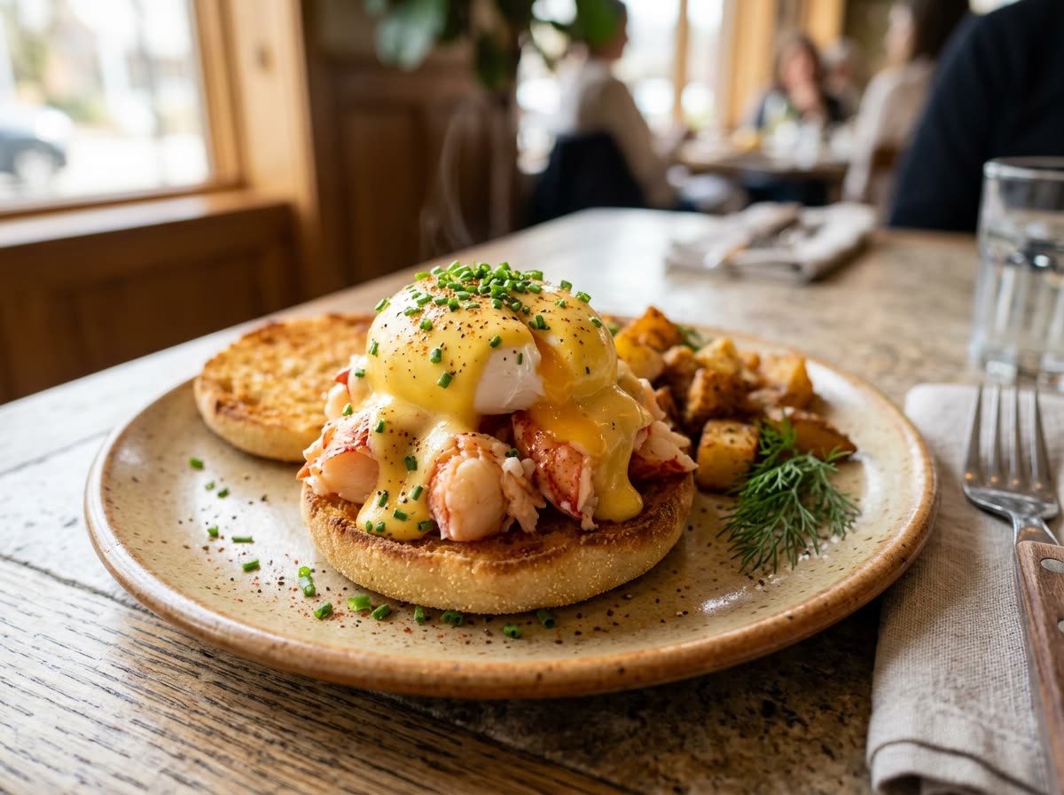Gourmet Lobster Eggs Benedict with butter-poached lobster and creamy Hollandaise at Estime's Cafe in Colonia NJ