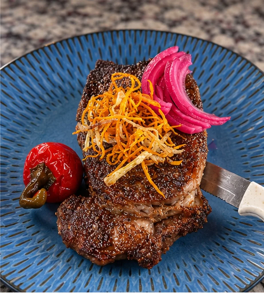 Juicy seared NY strip breakfast steak topped with pickled red onions and crispy shoestring potatoes at Estime's Cafe in Central NJ